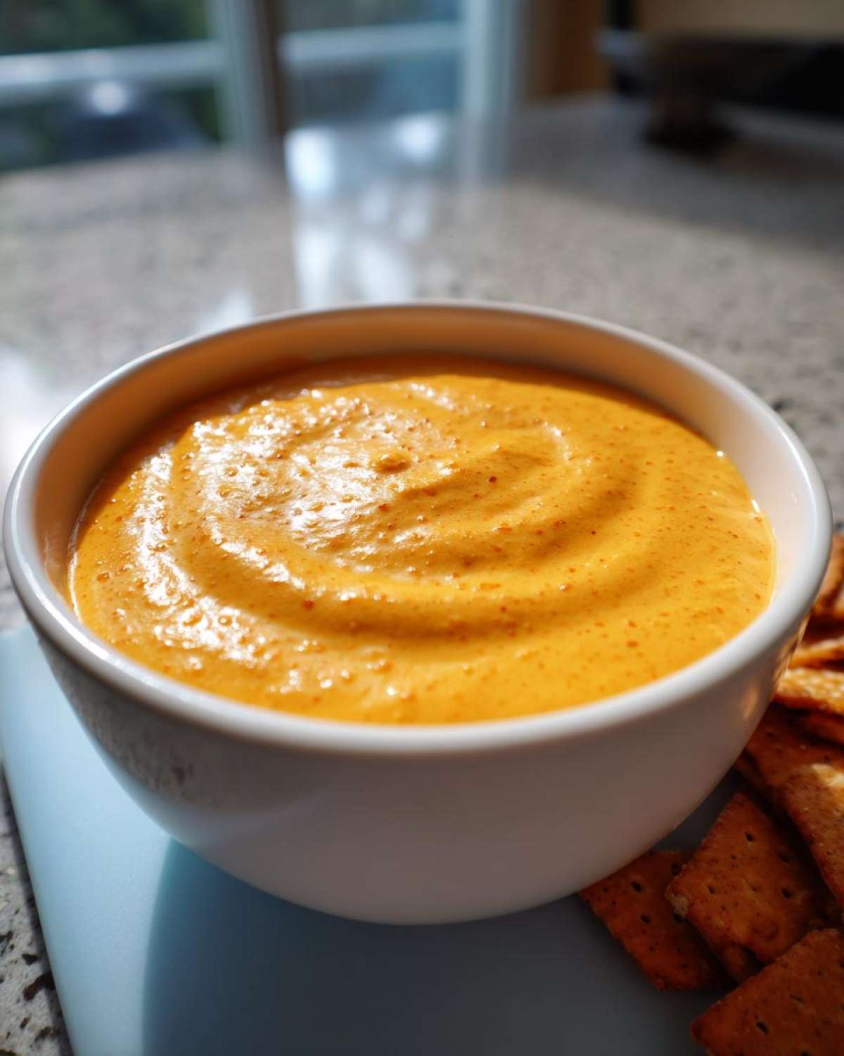 A close-up of a white bowl filled with smooth, orange beer cheese dip, served with crackers.