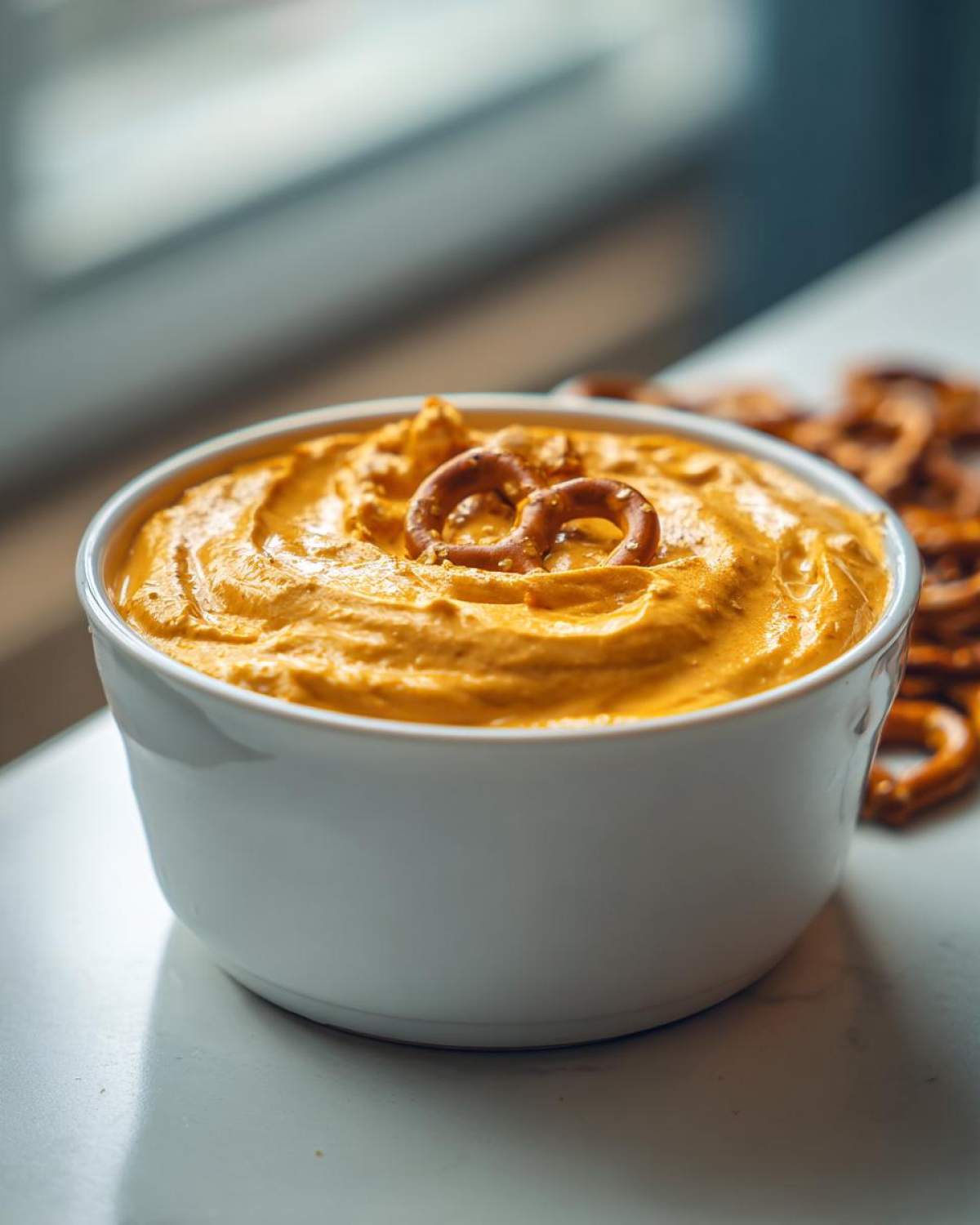 A close-up of a white bowl filled with thick, orange beer cheese dip, topped with a small pretzel.
