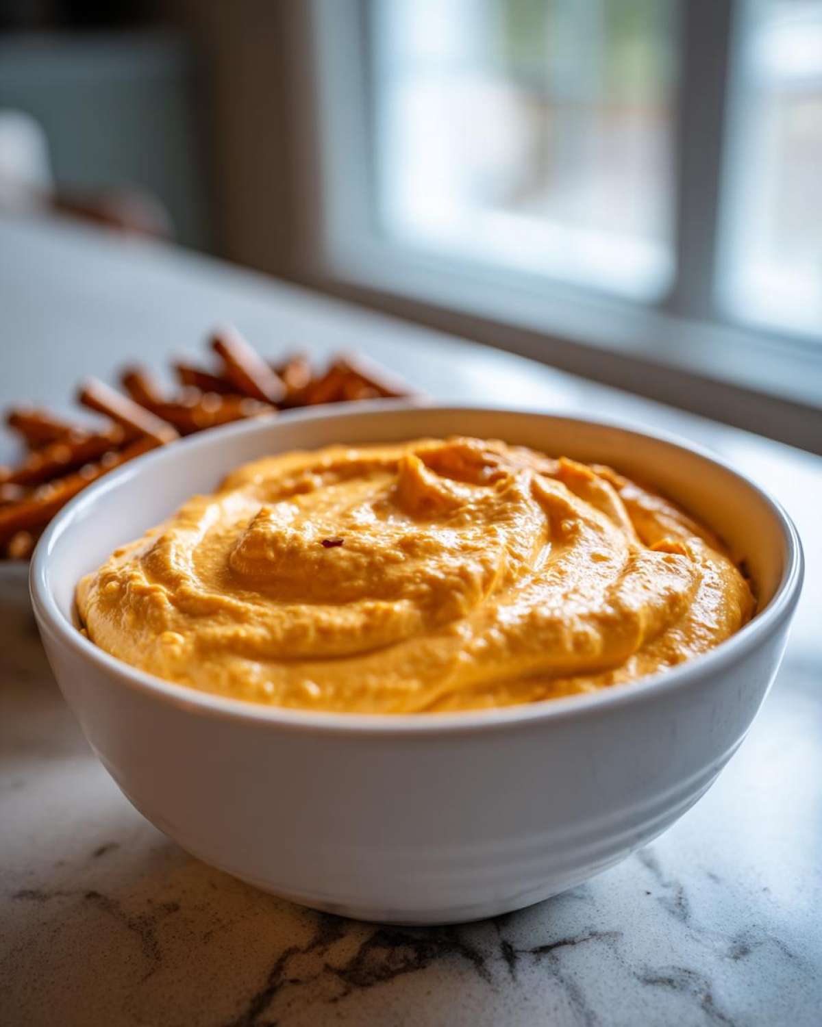 Close-up of a thick, orange beer cheese dip served in a white bowl with pretzels blurred in the background.
