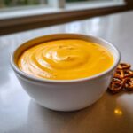 A close-up of a white bowl filled with smooth, bright orange beer cheese dip, with pretzels resting beside it.
