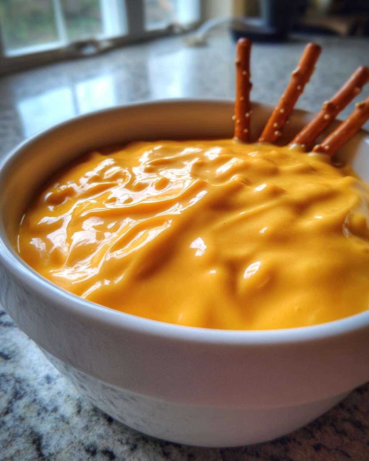 Close-up of a white bowl filled with smooth, bright orange beer cheese dip, served with pretzel sticks.