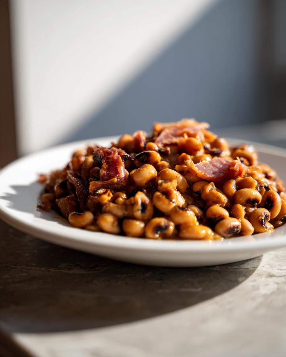 A close-up of creamy black eyed peas topped with crispy bacon pieces served on a white plate.