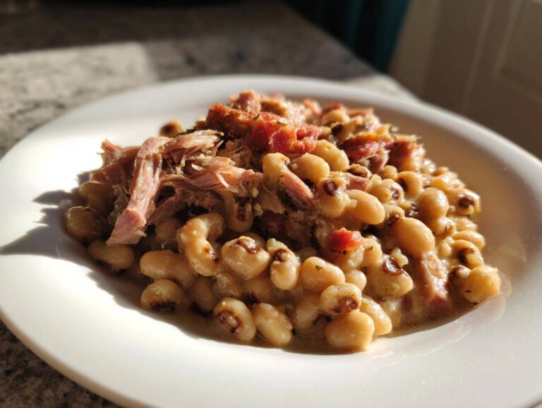 A serving of creamy black eyed peas topped with shredded smoked ham on a white plate.