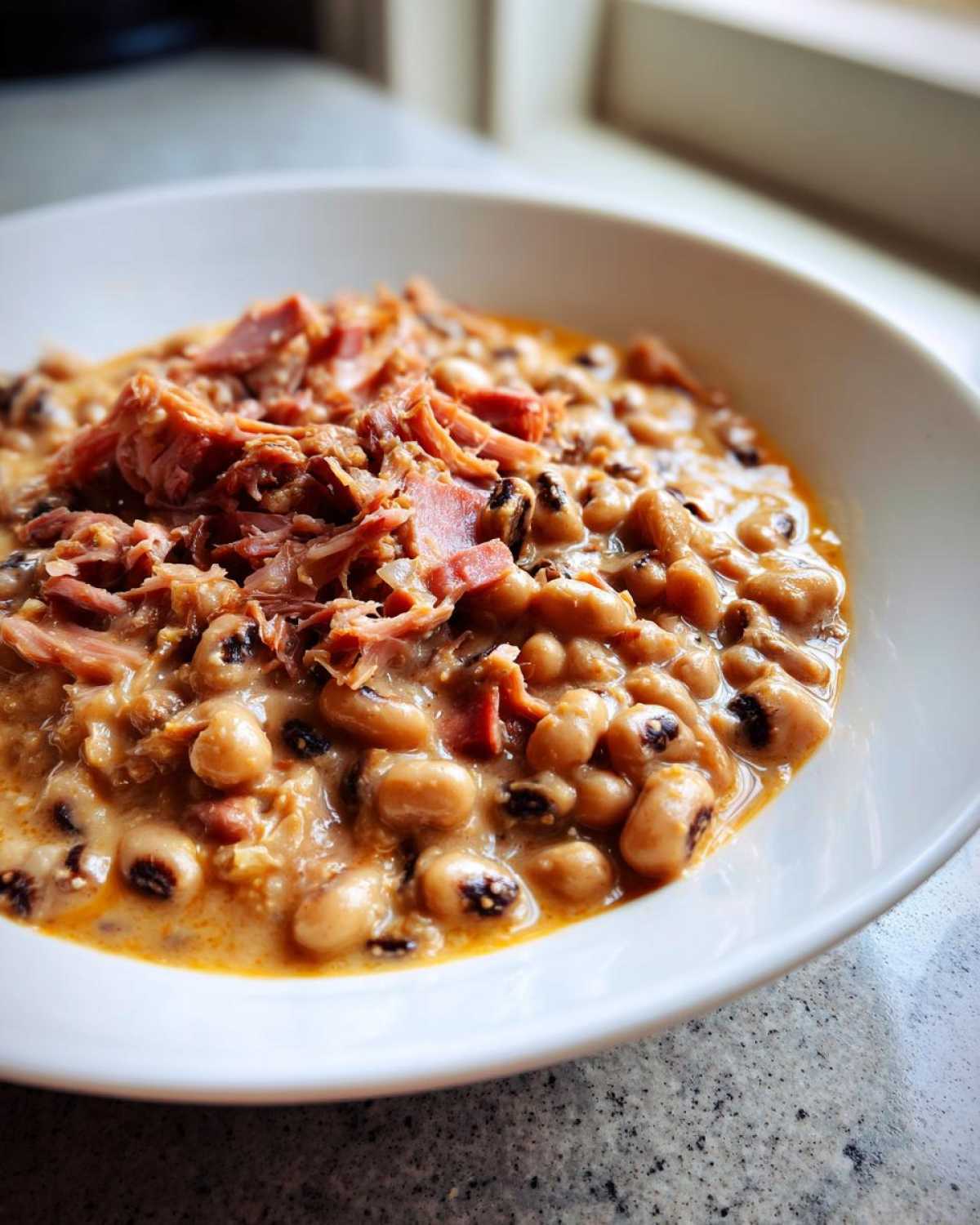 A close-up of a white bowl filled with creamy black eyed peas topped with shredded ham.