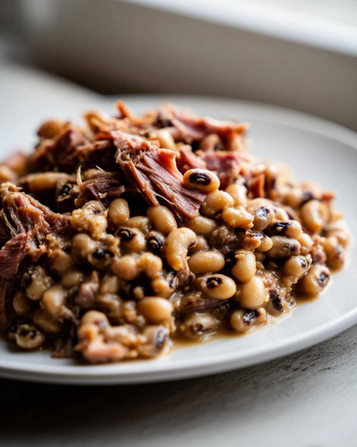 Close-up of creamy black eyed peas mixed with savory shredded ham served on a white plate.