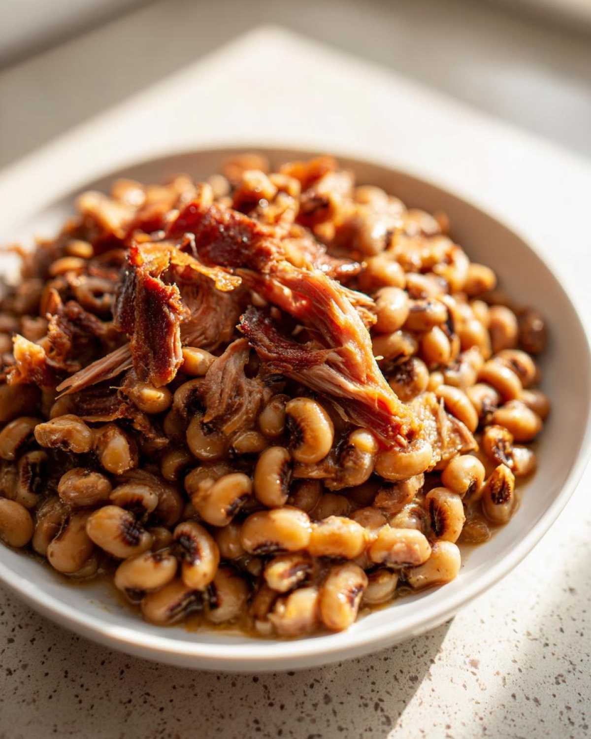 A white bowl filled with creamy black eyed peas topped with shredded smoked meat.