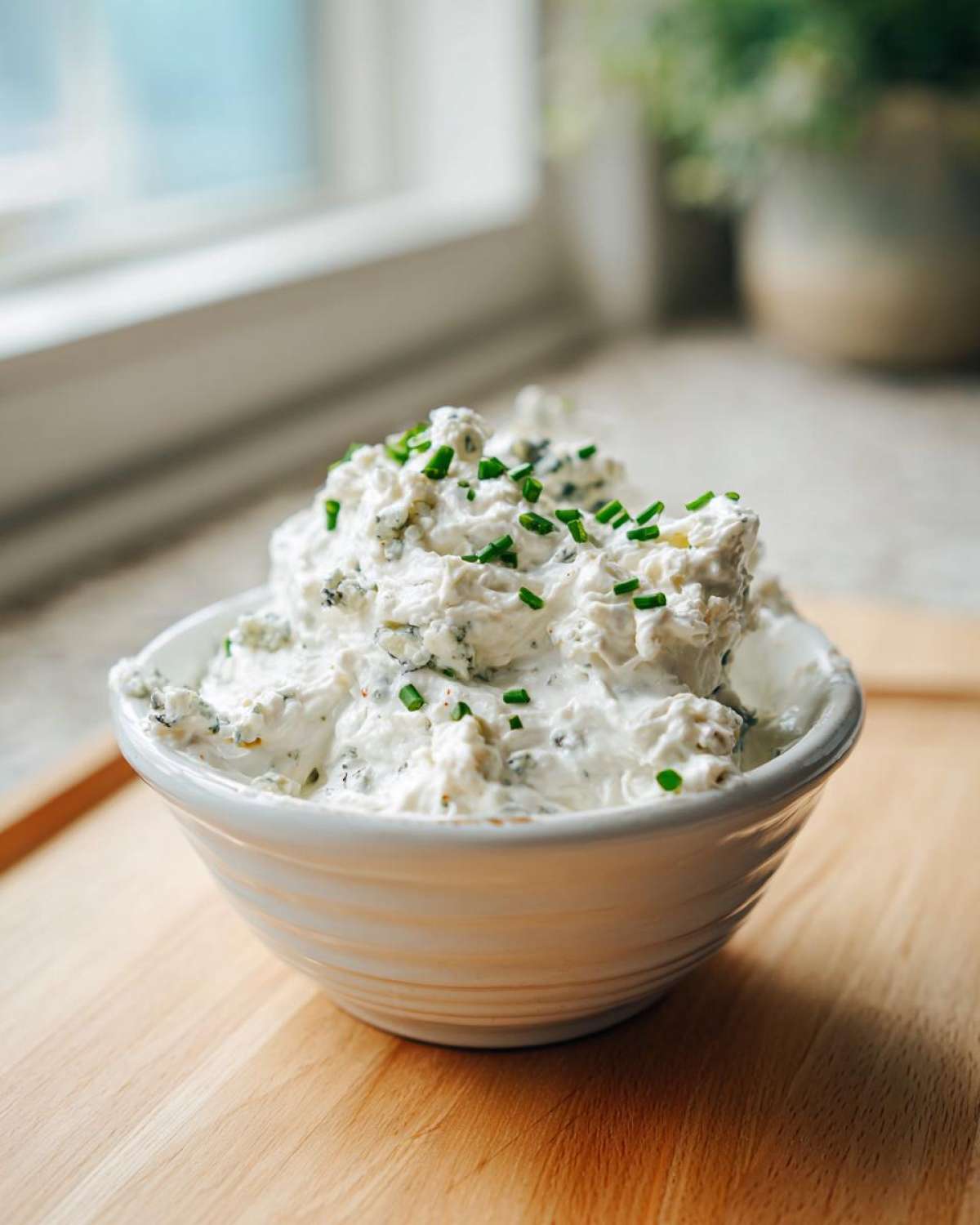 A white bowl filled with rich blue cheese dip, garnished with chopped green chives, sitting on a wooden board.