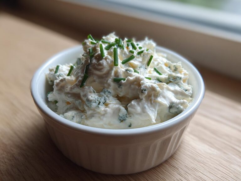 A small white bowl filled with creamy blue cheese dip topped with fresh chopped chives.