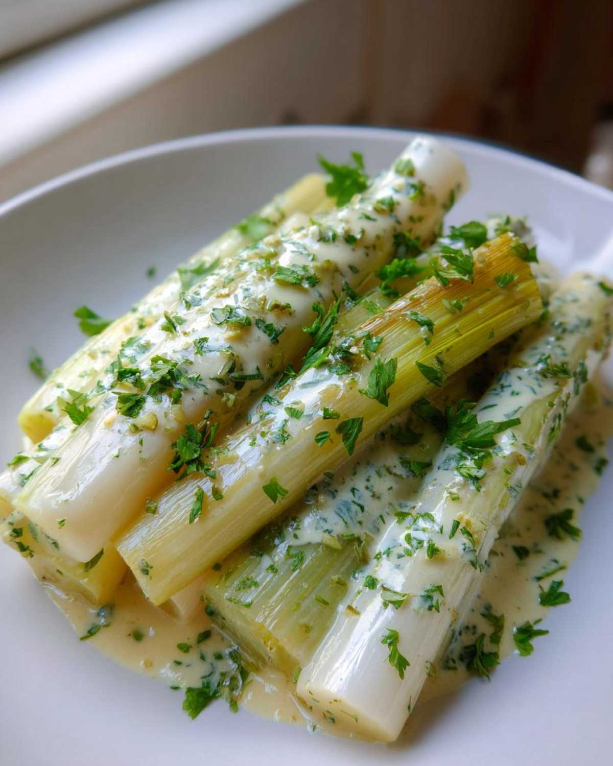 Close-up of tender braised leeks covered in a creamy sauce and sprinkled with fresh parsley.