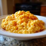 A close-up of a white bowl filled with creamy, bright yellow cheese grits, showing melted cheese throughout.