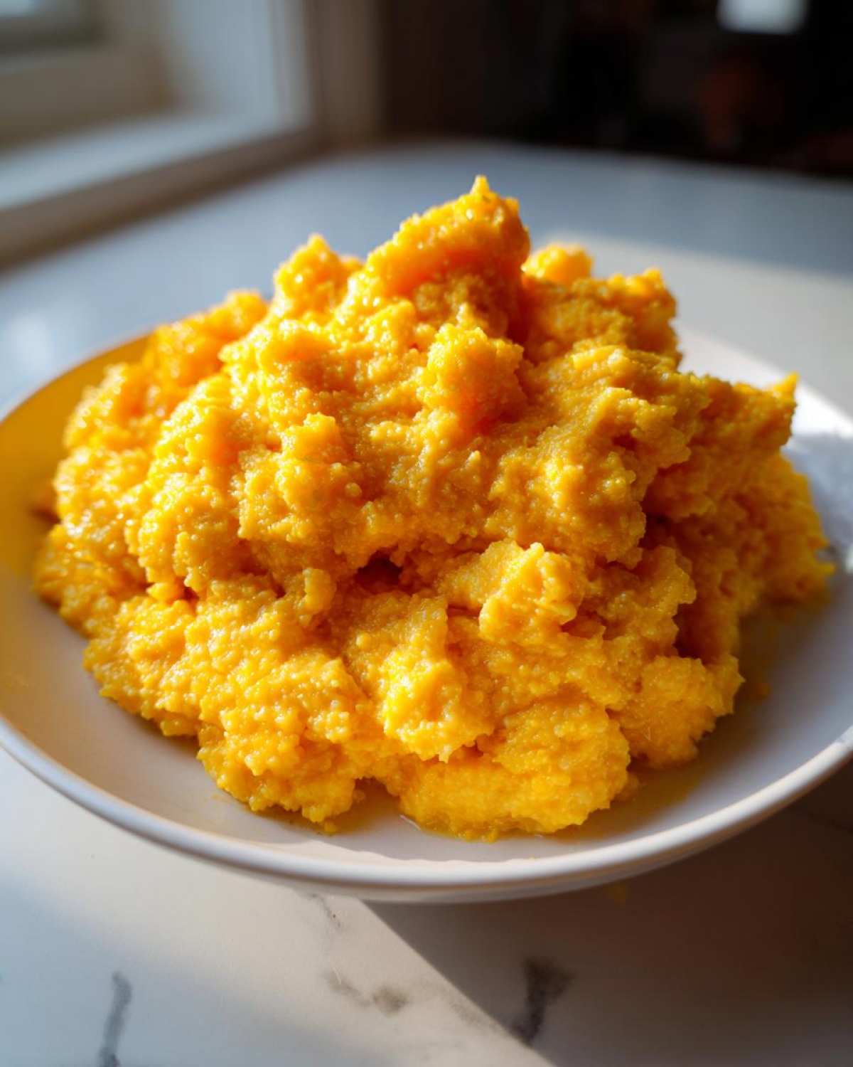 A close-up of rich, vibrant orange cheese grits piled high in a white bowl.
