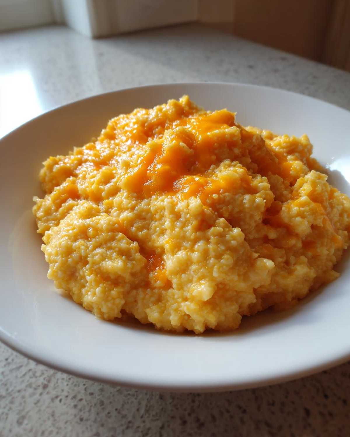 A close-up of a white bowl filled with creamy, yellow cheese grits topped with melted orange cheddar cheese.