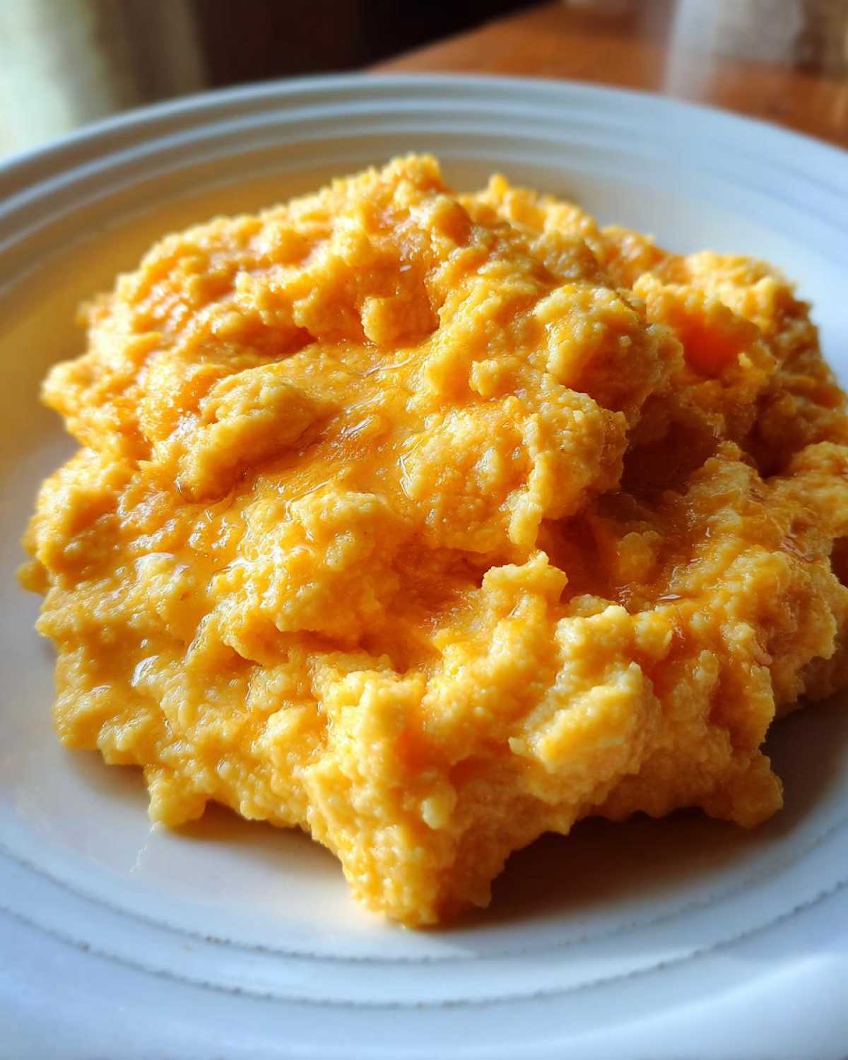 Close-up of rich, creamy cheese grits with a melted, glossy top served in a white bowl.