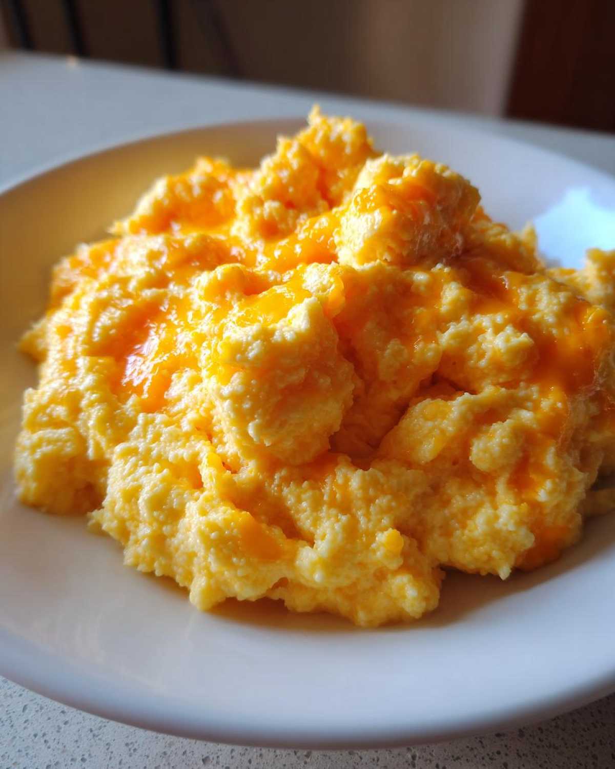 A close-up shot of a serving of creamy cheese grits topped with melted orange cheddar cheese on a white plate.