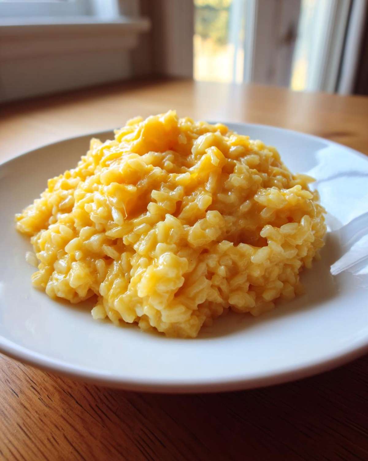 A close-up shot of creamy, bright yellow cheesy rice served on a white plate, ready to eat.