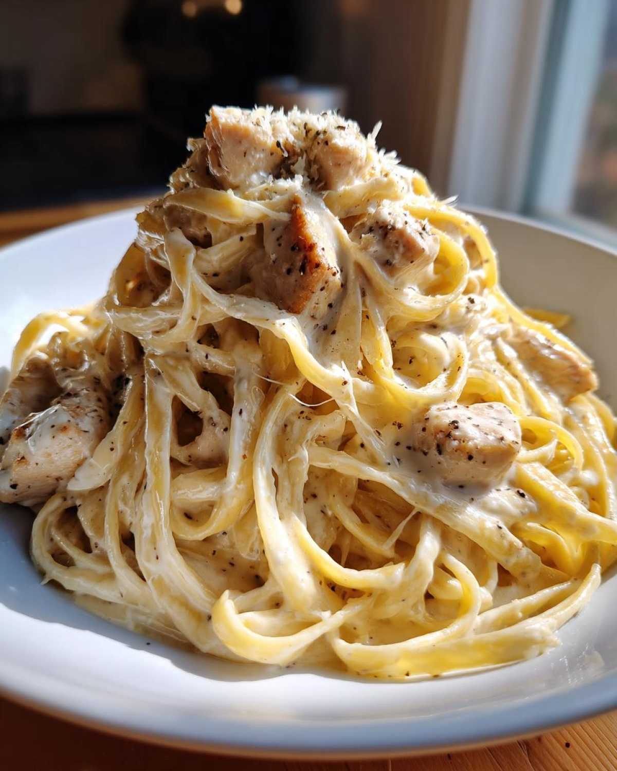 A close-up of creamy chicken fettuccine alfredo pasta piled high in a white bowl, topped with Parmesan.