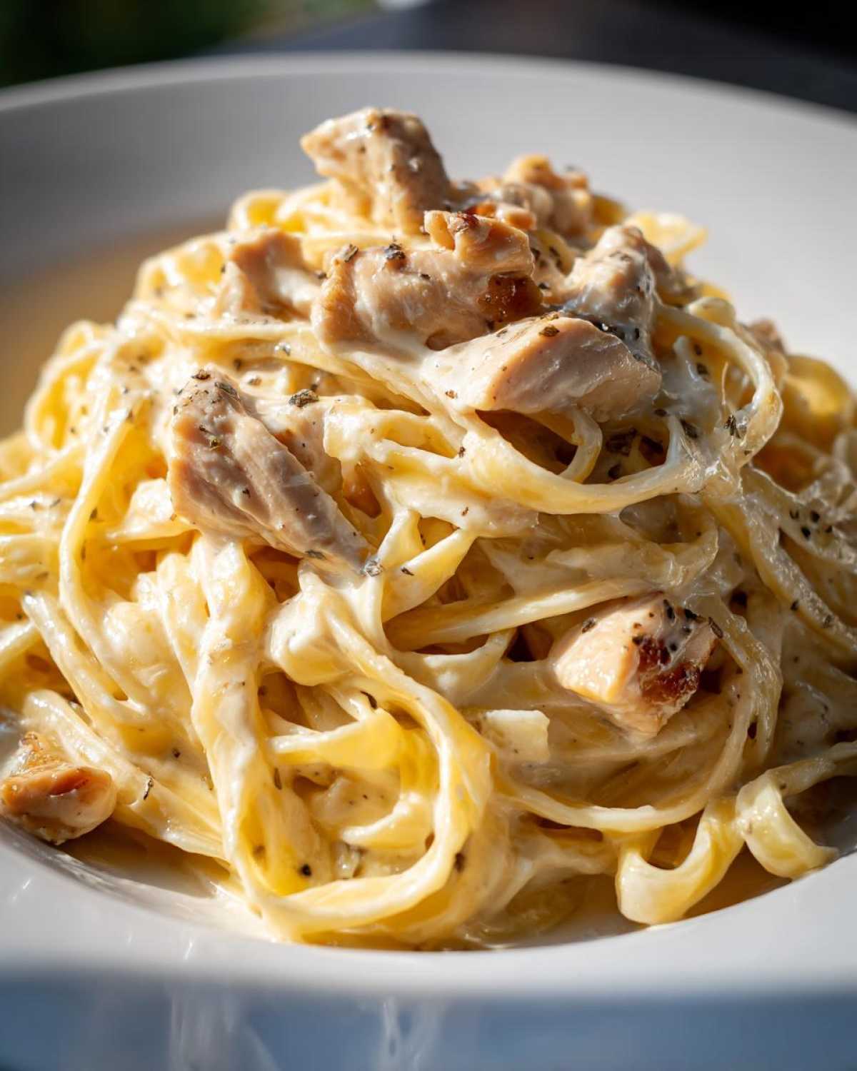 Close-up of creamy chicken fettuccine alfredo pasta coated in rich white sauce and topped with seasoned chicken pieces.