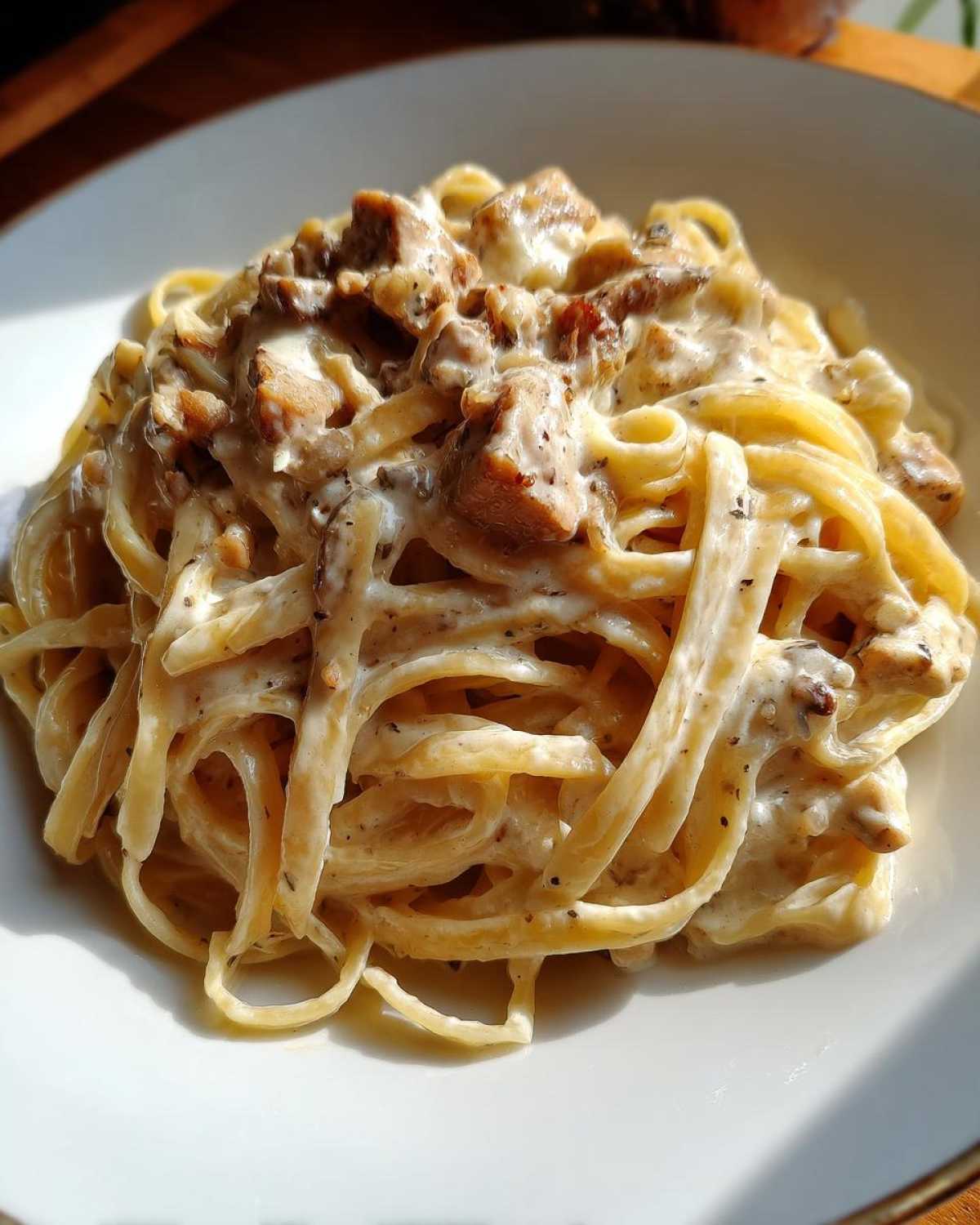 A close-up of creamy chicken fettuccine alfredo pasta coated in rich white sauce, served on a white plate.