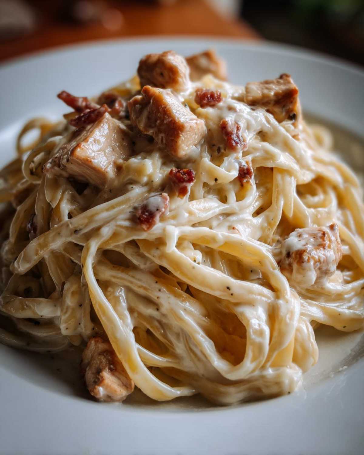 Close-up of creamy chicken fettuccine alfredo pasta generously coated in rich white sauce, topped with chunks of chicken.