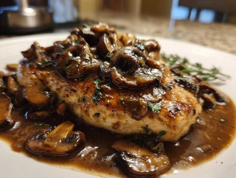 A close-up of a perfectly cooked chicken breast smothered in rich mushroom sauce, the star of this Chicken Marsala recipe.