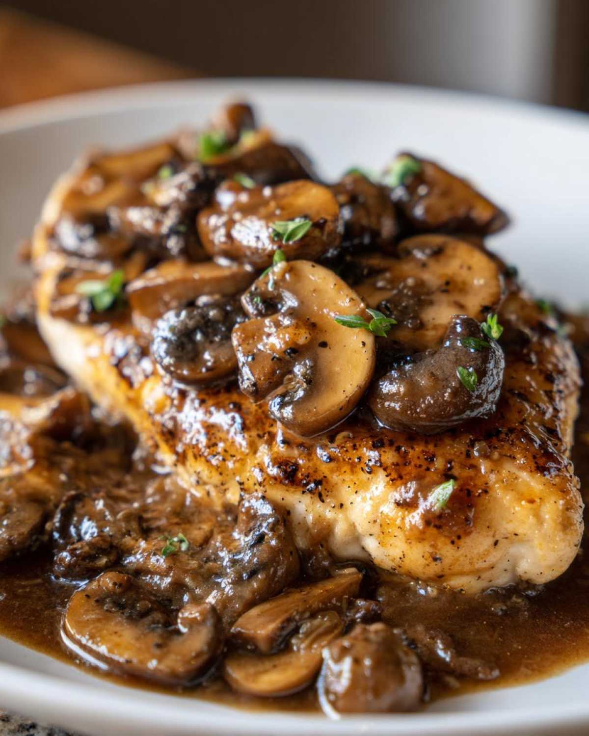 Close-up of a pan-seared chicken breast covered in rich, brown mushroom sauce for chicken marsala.