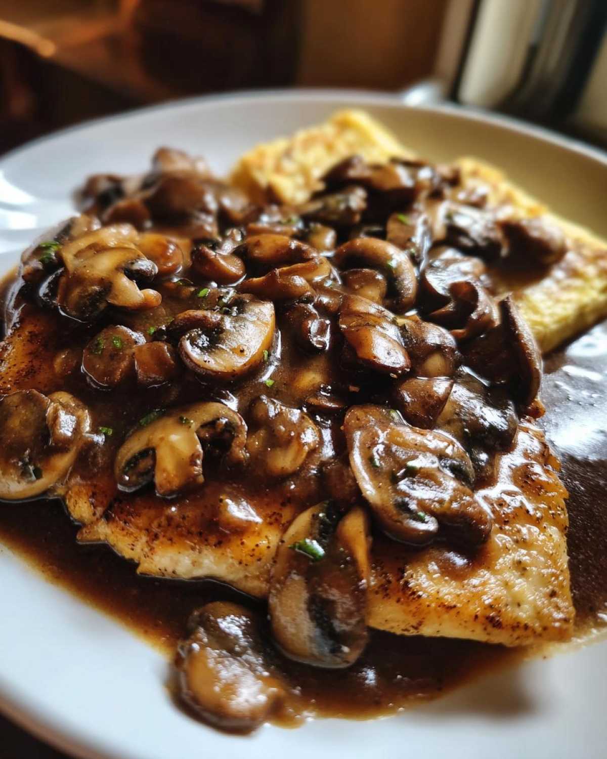 Close-up of a perfectly cooked chicken marsala breast smothered in rich, creamy mushroom sauce.