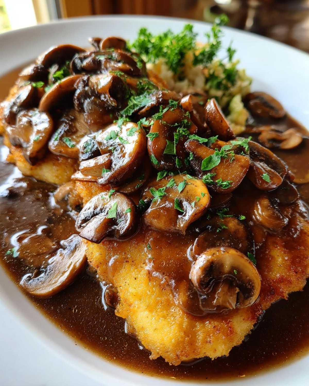 Close-up of breaded chicken breast smothered in rich brown sauce and sliced mushrooms for chicken marsala.