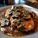 Close-up of pan-seared chicken breast smothered in rich brown sauce and sliced mushrooms, classic chicken marsala.