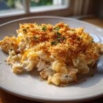 A close-up serving of creamy chicken noodle casserole topped with golden breadcrumbs and melted cheese.