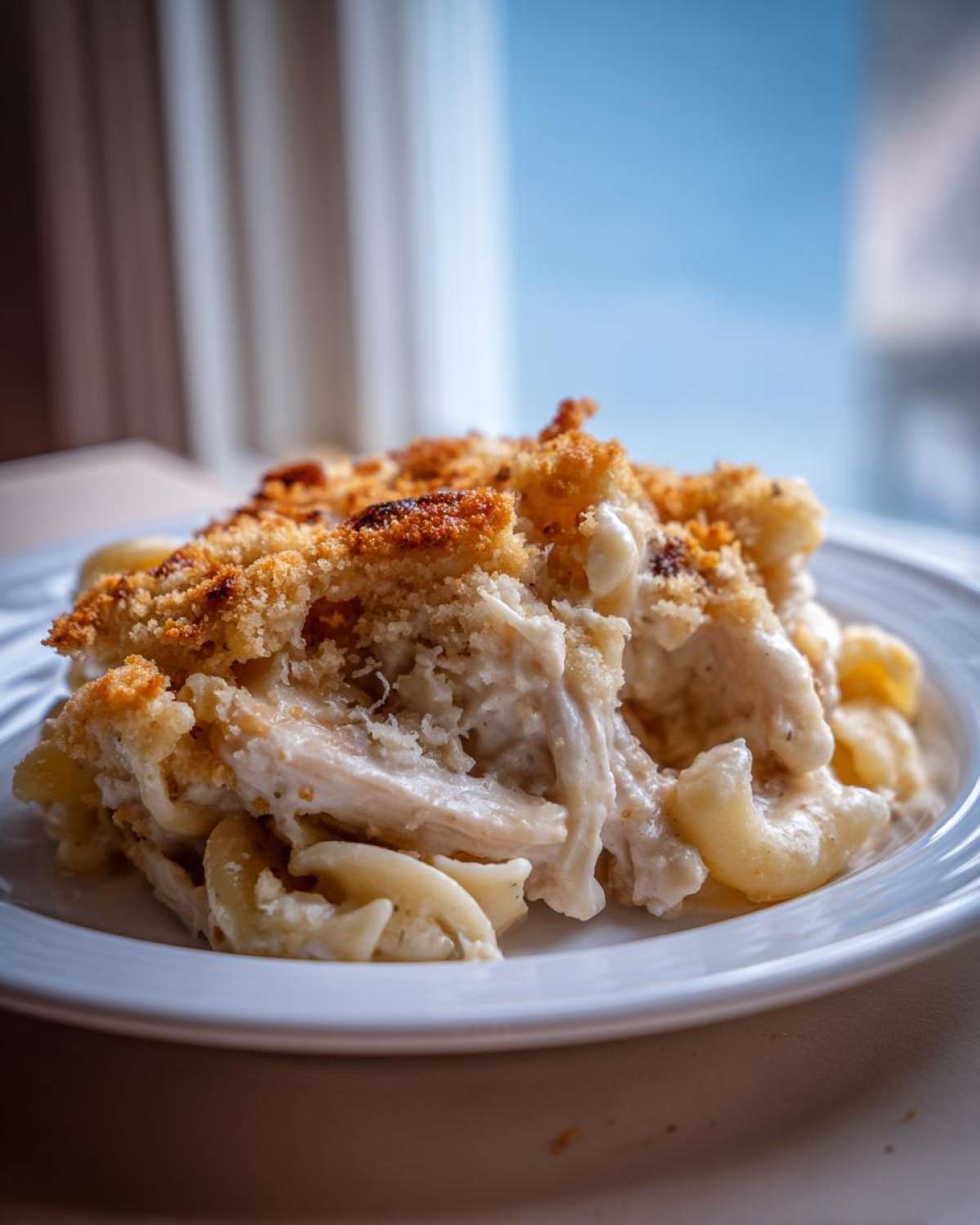A close-up of a serving of creamy chicken noodle casserole topped with golden brown breadcrumbs on a white plate.