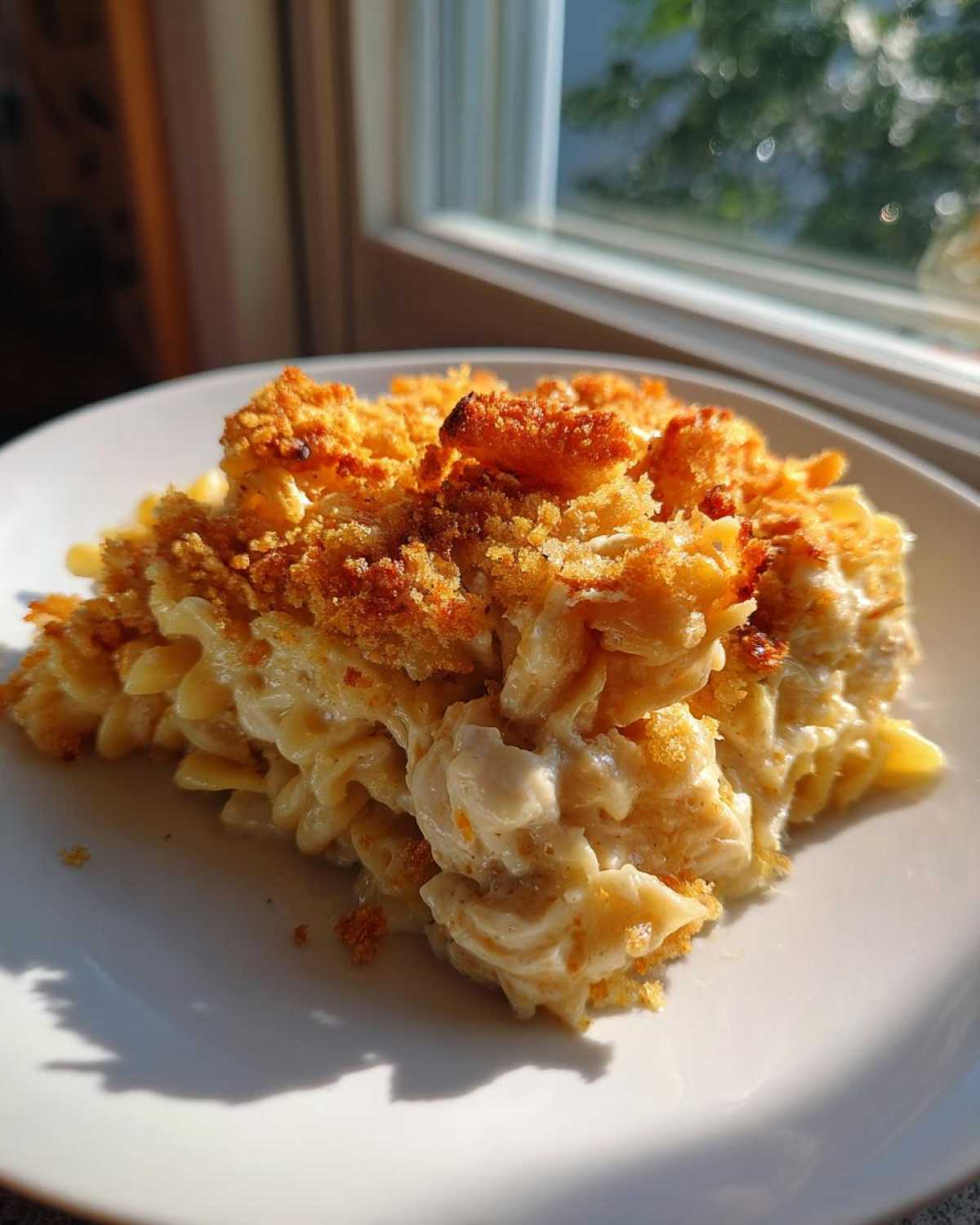 A serving of creamy chicken noodle casserole with a crispy, golden breadcrumb topping, plated near a window.