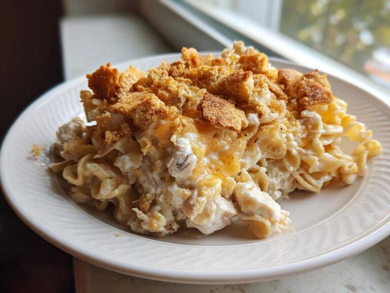 A serving of creamy chicken noodle casserole topped with golden brown breadcrumbs on a white plate.
