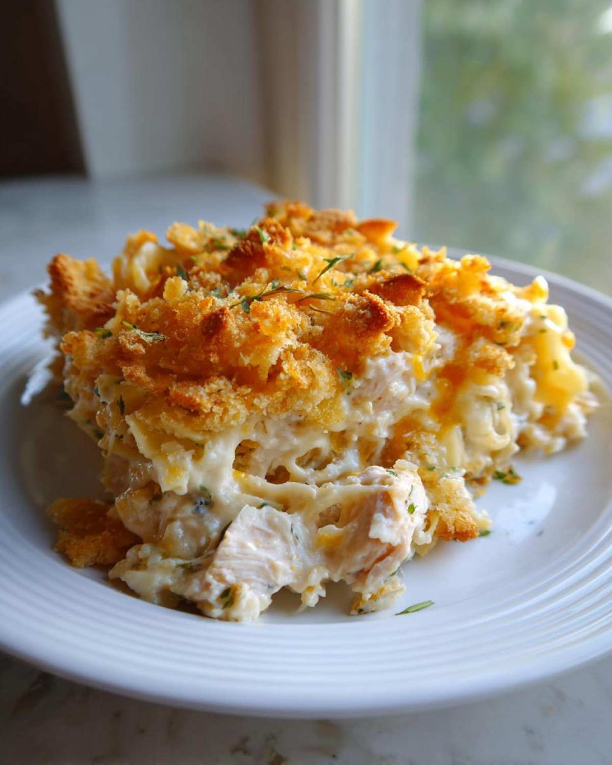A serving of creamy chicken noodle casserole featuring chunks of chicken and a golden, crunchy breadcrumb topping.