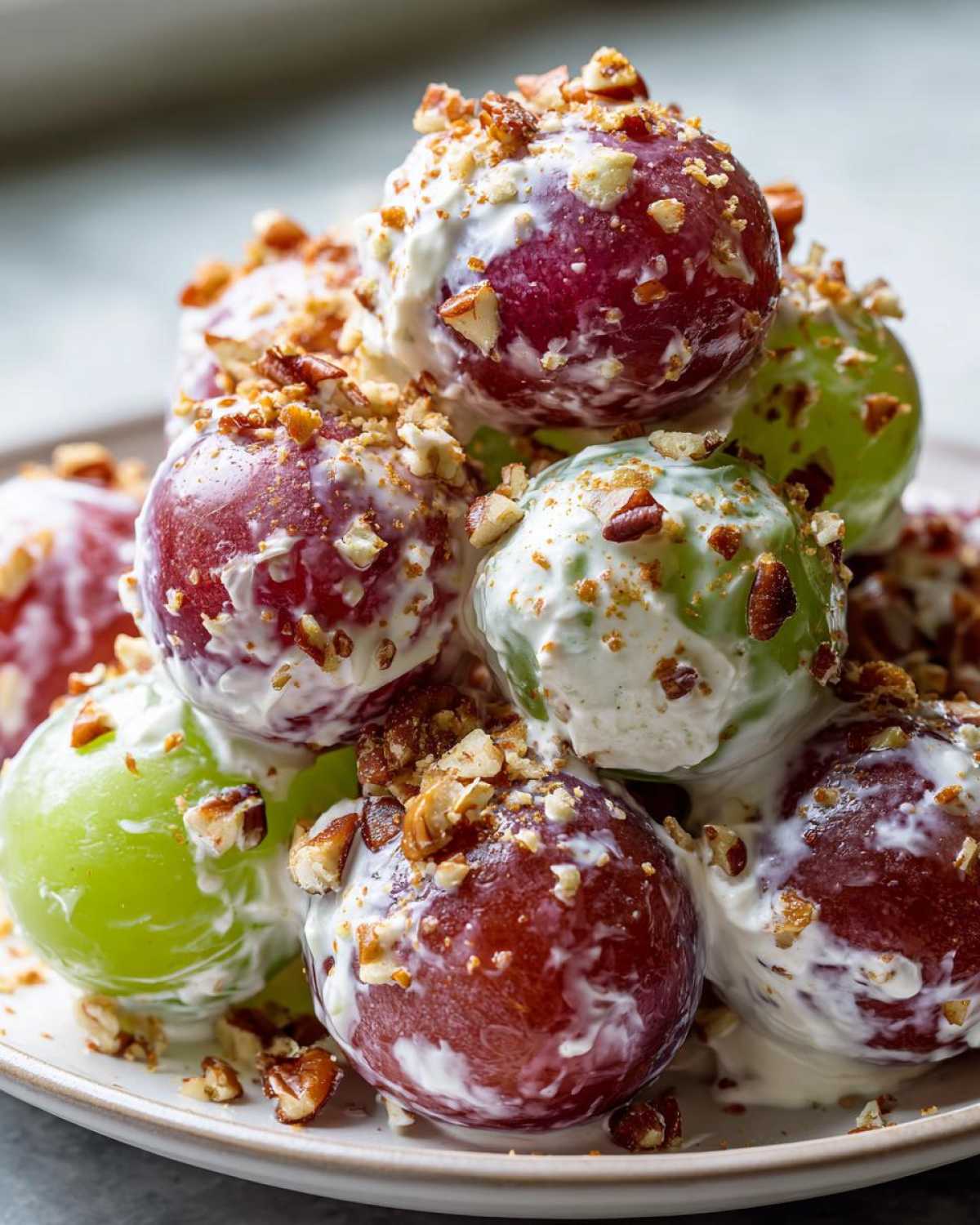 Close-up of sweet grapes coated in creamy dressing and topped with chopped pecans, resembling chicken salad chick grape salad.
