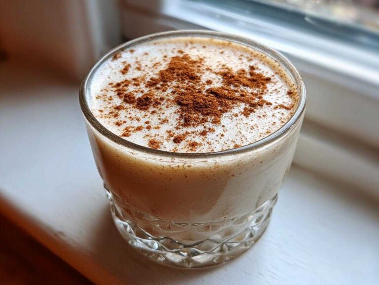 Amazing 10-Minute Coquito Recipe A close-up of a glass filled with creamy, light brown coquito, garnished generously with ground cinnamon on top.