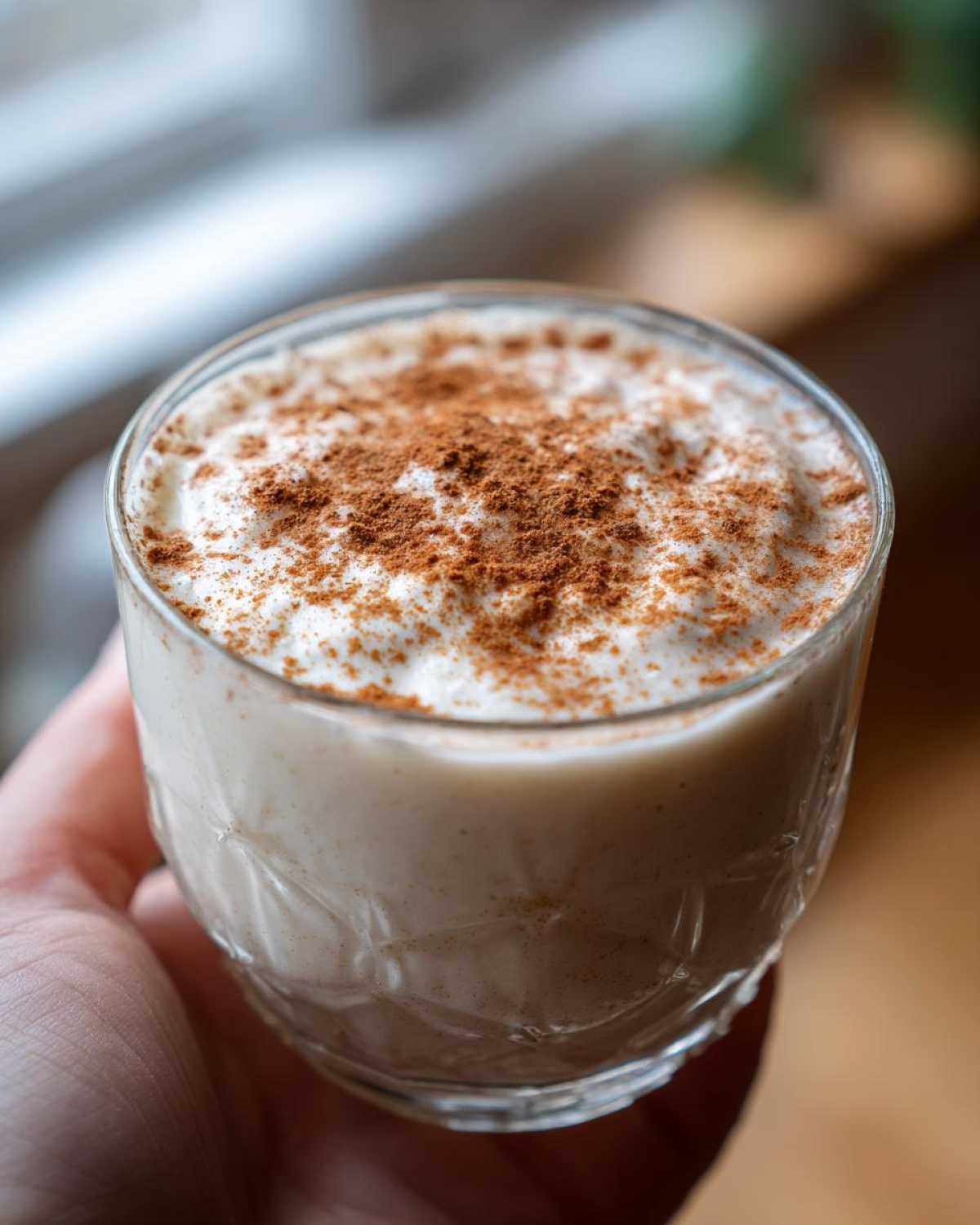 A hand holding a glass filled with creamy coquito, topped with a generous dusting of ground cinnamon.