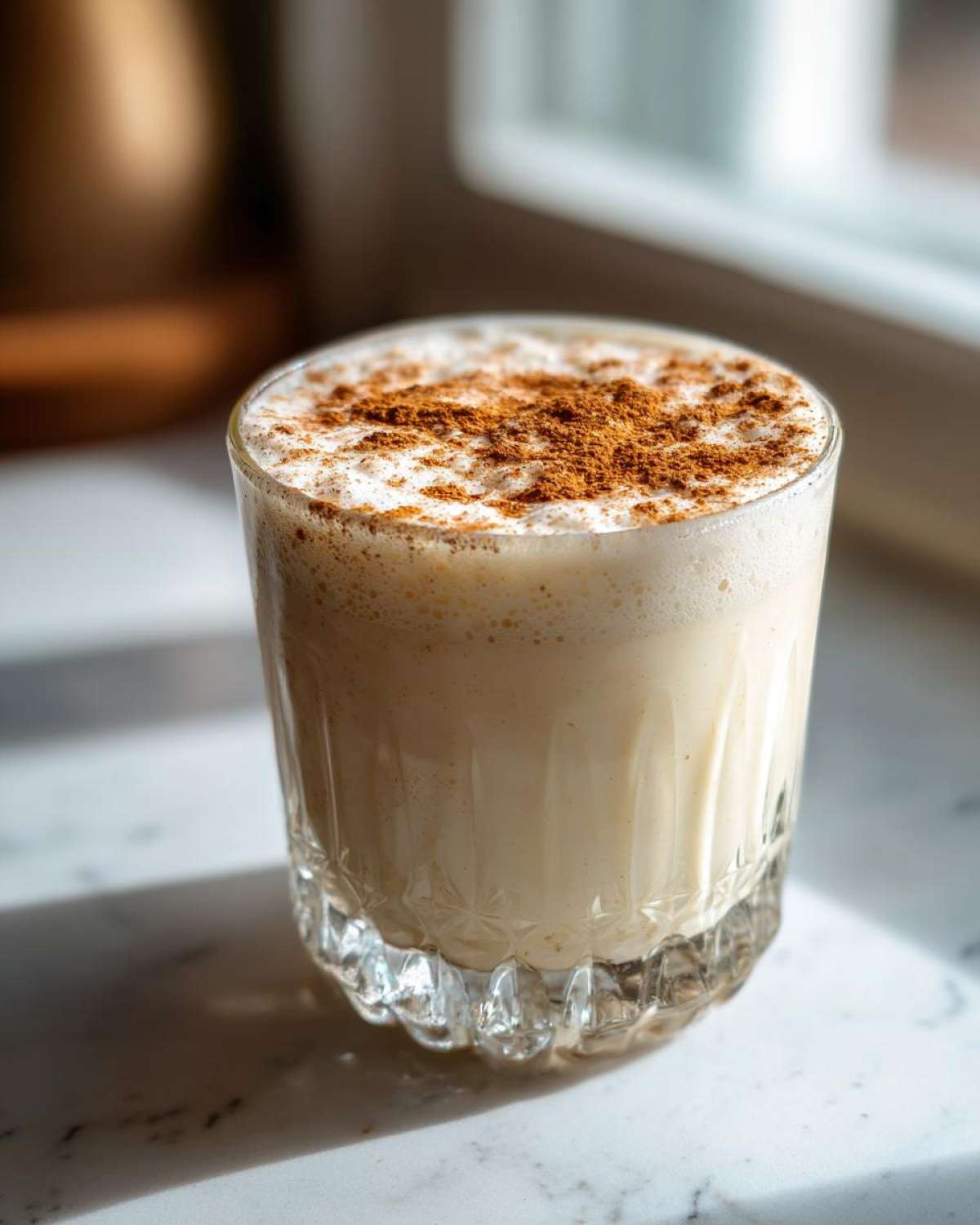 A glass of creamy, frothy coquito topped generously with ground cinnamon.