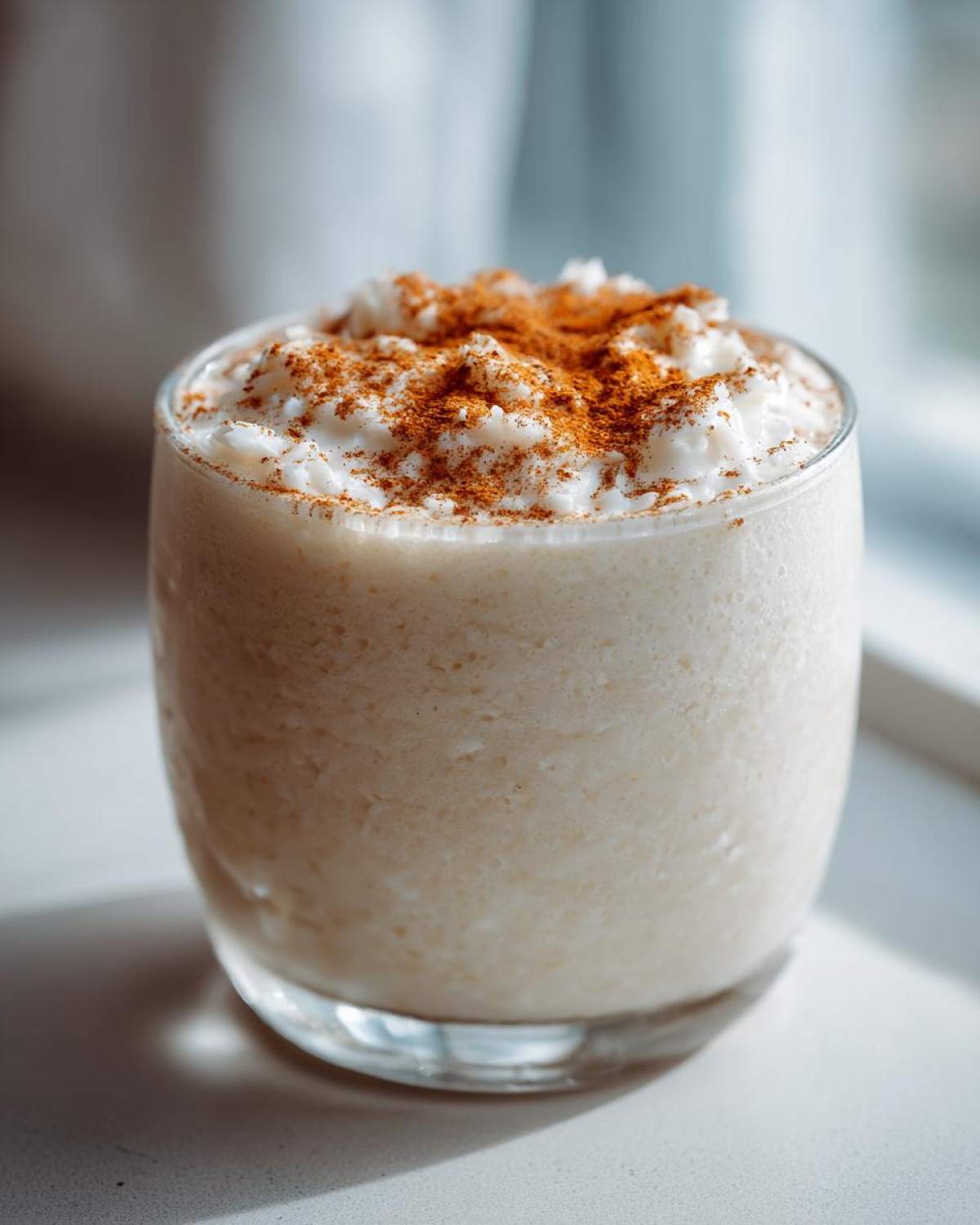 A glass filled with creamy, thick coquito topped generously with ground cinnamon.