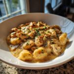 A close-up of creamy crack chicken gnocchi served in a white bowl, garnished with fresh parsley.