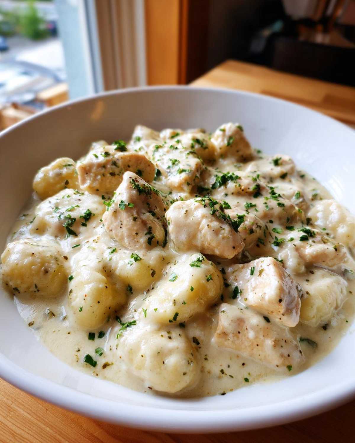 A close-up of creamy crack chicken gnocchi served in a white bowl, topped with fresh chopped parsley.