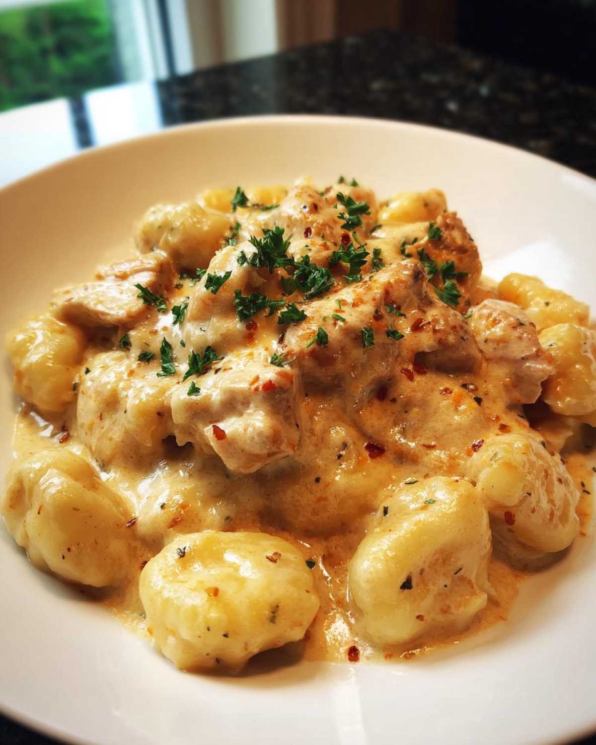 A close-up of creamy crack chicken gnocchi served in a white bowl, topped with fresh parsley.