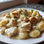 Close-up of creamy crack chicken gnocchi served on a white plate, garnished with parsley.
