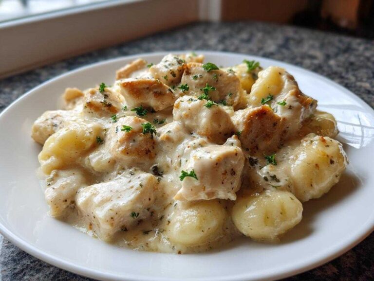 Close-up of creamy crack chicken gnocchi served on a white plate, garnished with parsley.