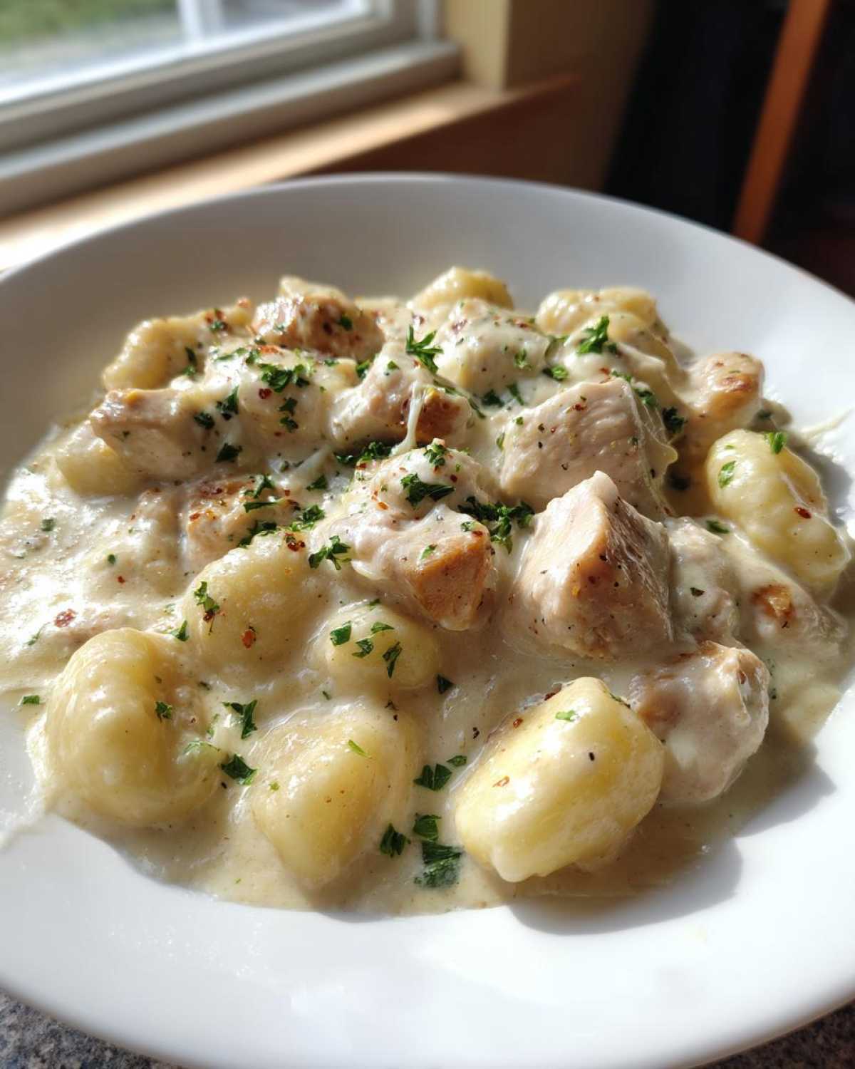 A close-up of creamy crack chicken gnocchi tossed in a rich white sauce and garnished with parsley.