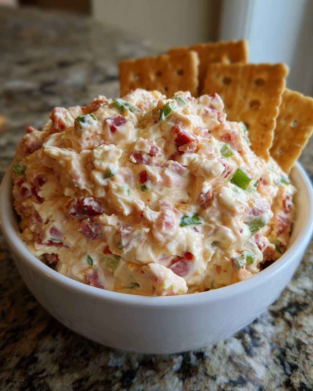 A close-up of creamy hoagie dip mixed with red peppers and green onions, served in a white bowl with crackers.
