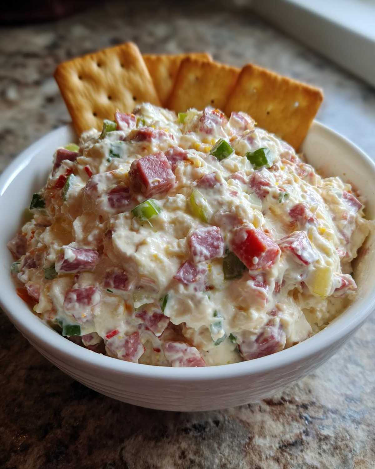 A close-up of creamy hoagie dip mixed with diced meat and green onions, served with crackers in a white bowl.