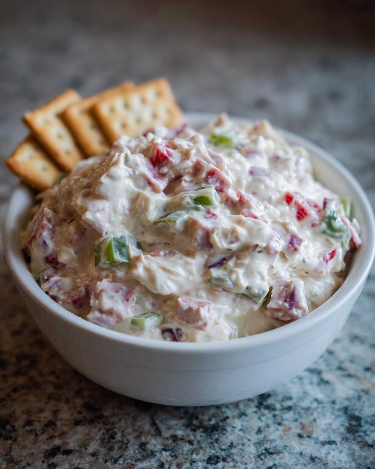 A white bowl filled with creamy hoagie dip mixed with chopped meats and vegetables, served with crackers.