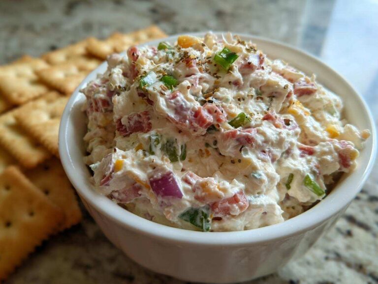 Close-up of a white bowl filled with creamy hoagie dip mixed with meats and vegetables, served next to crackers.