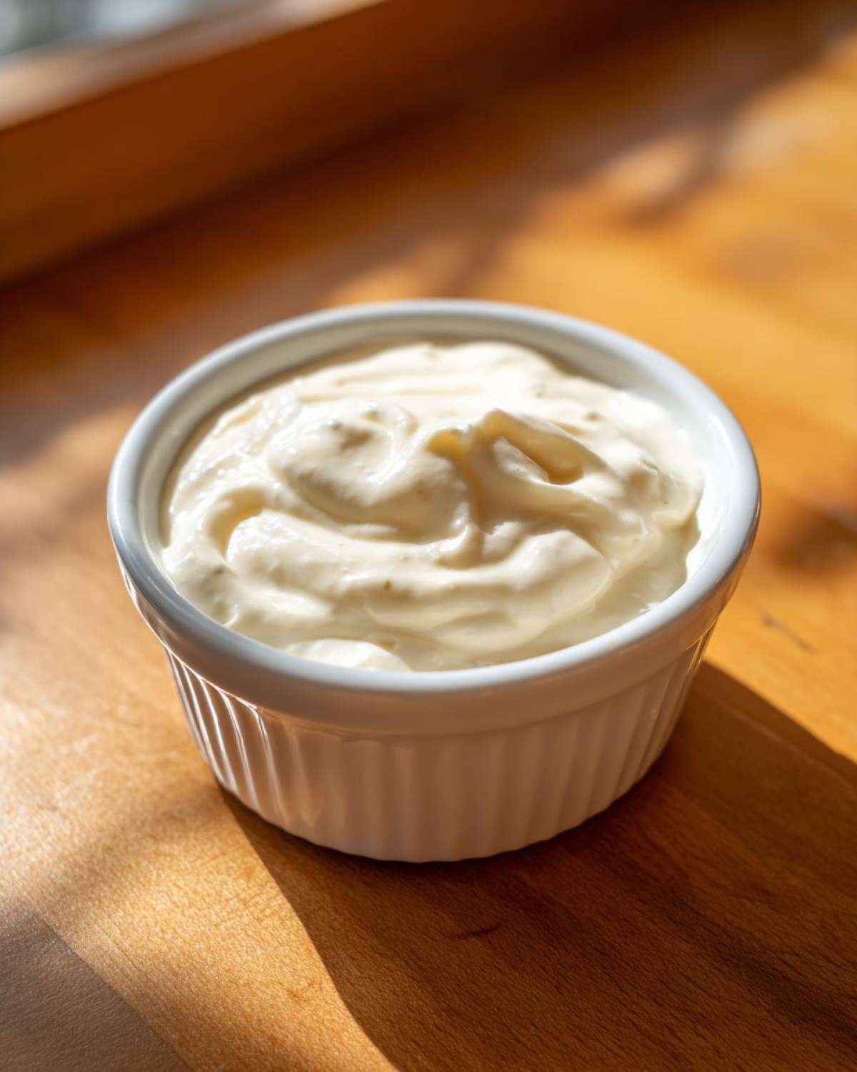 A small white ramekin filled with thick, rich creamy horseradish sauce, sitting on a wooden surface.