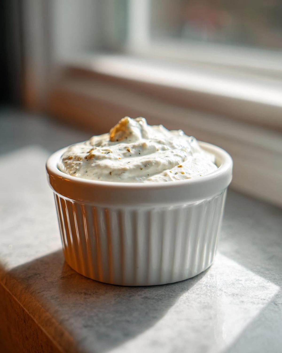A small white ramekin filled with thick, creamy horseradish sauce, speckled with herbs, sitting on a counter near a window.